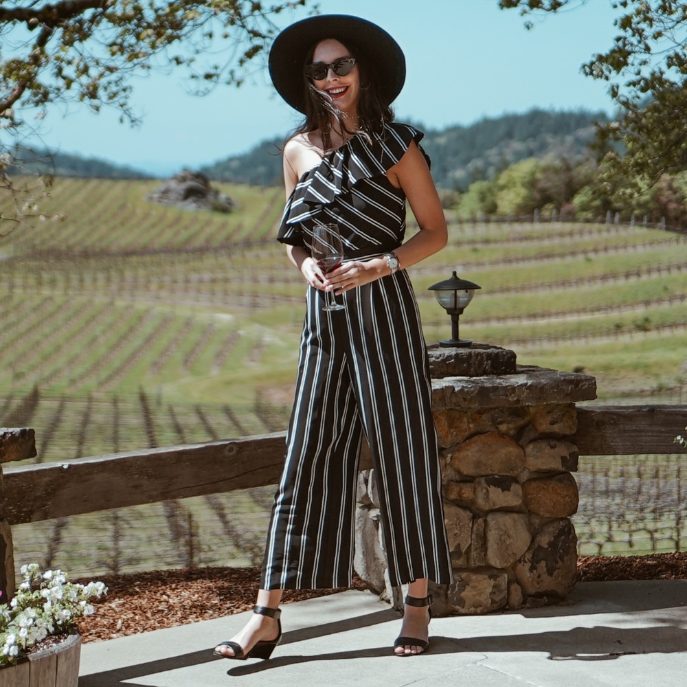 Black and white One shoulder pinstripe jumpsuit